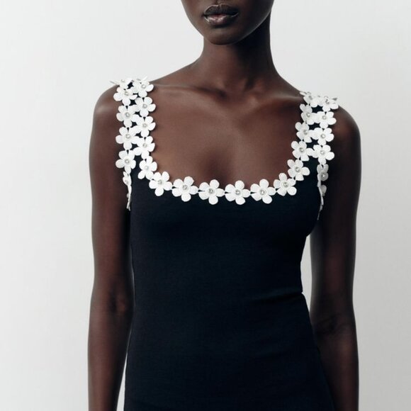 ZARA Stretch Dress with Flower Hardware – Black Size L - Picture 2 of 5